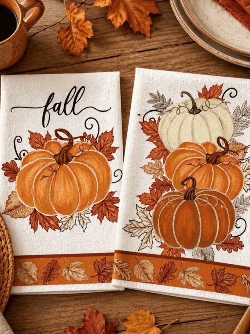 Autumn Pumpkin Fall Kitchen Tea Towels - Orange White